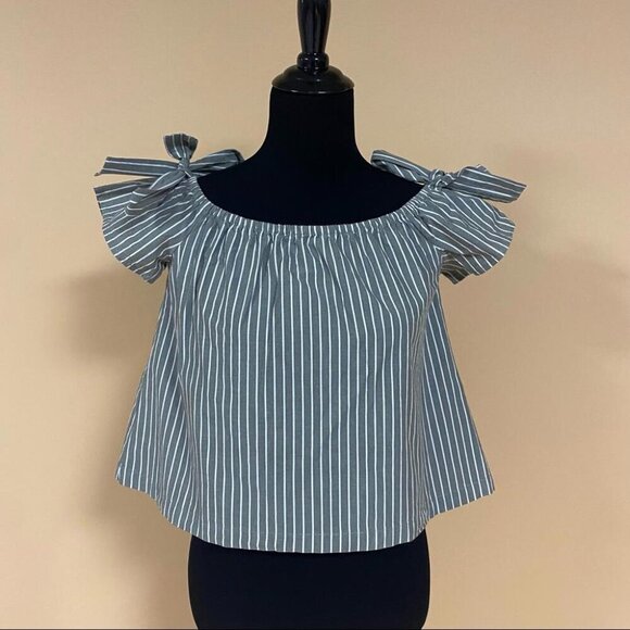 5/$20 Lush Green White Stripe Off the Shoulder Cotton Blouse Top Bows Sz XS - Picture 8 of 10